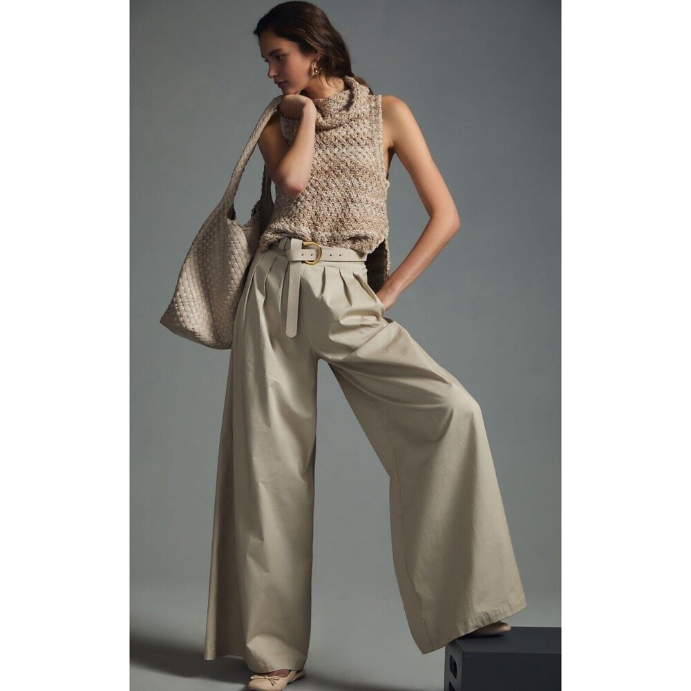 Anthropologie Corey Lynn Calter Pants Boho Wide-Leg Pleated Beige Preppy Sz XL